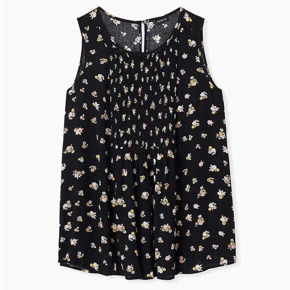 torrid Tops - Torrid Size 1X 14-16 Black Ditsy Floral Crinkled Gauze Smocked Tank